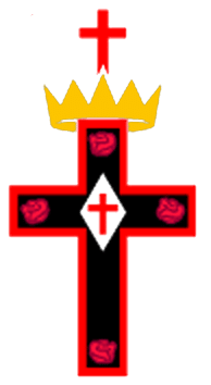 A black cross with a red border, decorated with four red roses and a white diamond at the center containing a smaller red cross. Above the cross are a yellow crown and a smaller red cross.